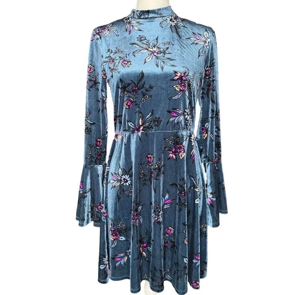 Blue Velvet Floral Dress Bell Sleeve Mock Neck Fit Flare Womens Medium - Picture 1 of 9